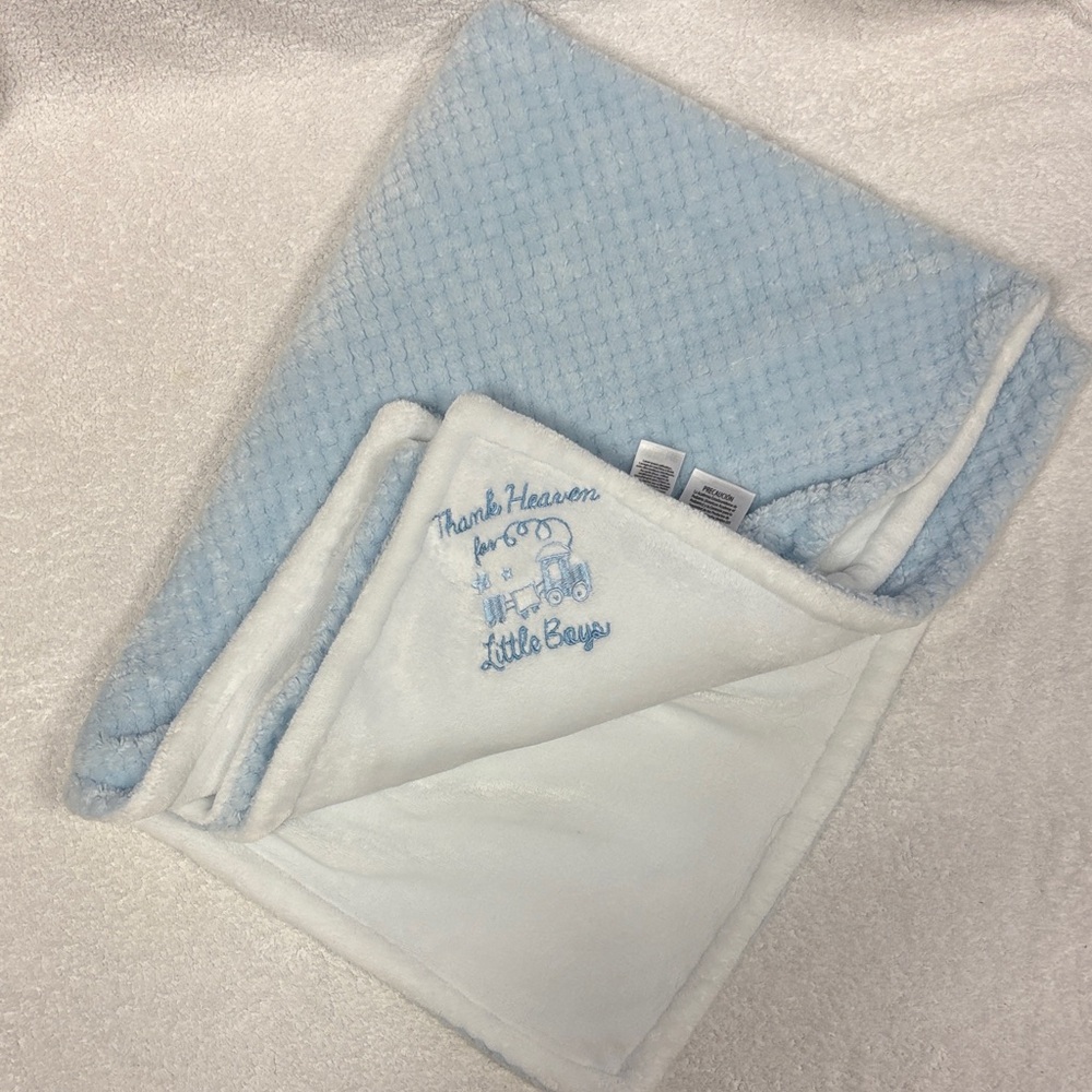 Little me “thank heaven for little boys” reversible Blue and White Baby Blanket